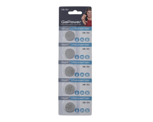 Батарейка GoPower CR1620 BL5 Lithium 3V (5/100/2000)
