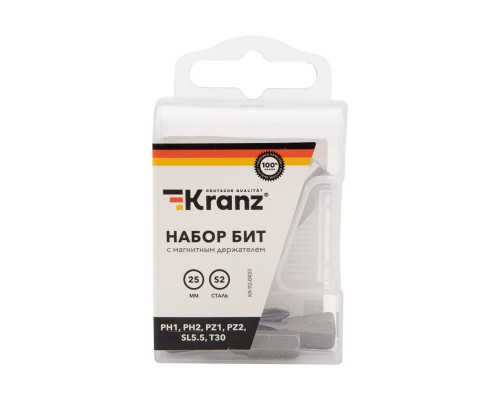 Набор бит 25 мм PH1, PH2, PZ1, PZ2, SL5.5, T30 с магнитным держателем (7 шт./уп.) Kranz