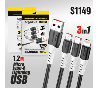 Кабель USB Ugetus X83 3in1 Micro/Type-C/Lightning силиконовый 1,2м (Black) в пакетике