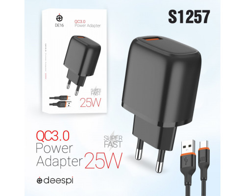 Сетевое зарядное устройство deespi DE16 25W QC.0 + кабель Type-C Black