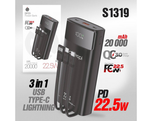 Внешний АКБ (Power bank) Deespi  DP23 20000mAh PD20W/Fast 22.5W/Display/с проводами (Black)