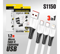 Кабель USB Ugetus X83 3in1 Micro/Type-C/Lightning силиконовый 1,2м (White) в пакетике