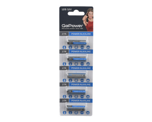 Батарейка GoPower LR27/A27/MN27 BL5 Alkaline 12V (5/100/1000)