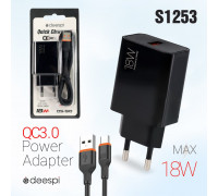 Сетевое зарядное устройство deespi S10 QC.0 18W 1USB + кабель Type-C Black