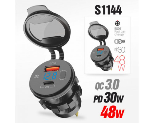 Разъем Usb в авто (врезные) 12V-24V 2USB ES06 (Круглый) QC3.0 + PD30W + Вольтметр