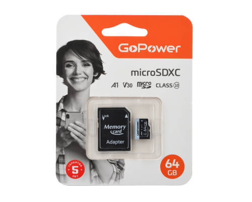 Карта памяти microSD GoPower 64GB Class10 70 МБ/сек V30 с адаптером