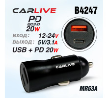 Автомобильное зарядное устройство MR63A Metal 5V/2.4A 1USB + PD 20W (Black) без упаковки