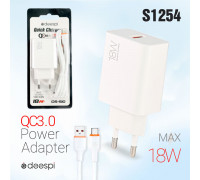 Сетевое зарядное устройство deespi S10 QC.0 18W 1USB + кабель Type-C White
