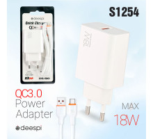 Сетевое зарядное устройство deespi S10 QC.0 18W 1USB + кабель Type-C White