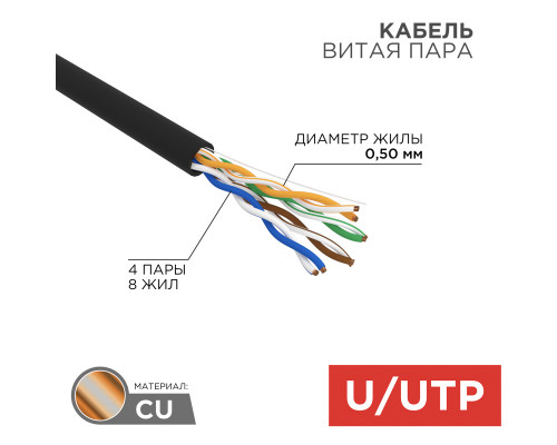 Кабель витая пара U/UTP, категория 5e, PE, 4PR, 24AWG,  внешний, черный, 305 м (медный) RUS