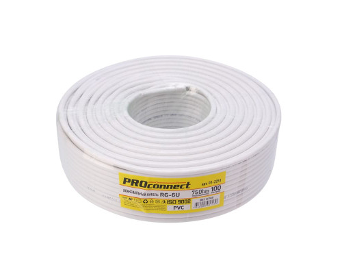 Кабель коаксиальный RG-6U, 75Ом, CCS/Al/Al, 32%, 100м, INDOOR, белый PROconnect Light