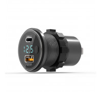 Разъем USB в авто (врезные) 12V-24V AC23  QC3.0 + PD30W + вольтметр (вкл/выкл) металл. Корпус