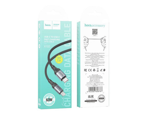 Кабель HOCO X102 Fresh 60W charging data cable Type C to Type C 3A. 1m (черный)