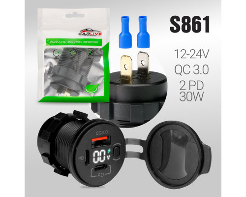 Разъем USB в авто (врезные) 12V-24V AC03  QC3.0 + 2 PD30W + (вкл/выкл) + Вольтметр