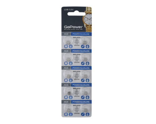 Батарейка GoPower G0/LR521/LR63/LR50/379A/179 BL10 Alkaline 1.55V (10/100/3600)
