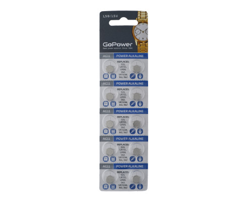 Батарейка GoPower G11/LR721/LR58/362A/162 BL10 Alkaline 1.55V (10/1000/3600)