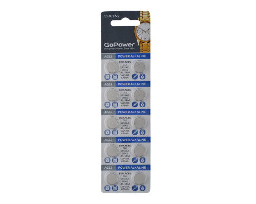 Батарейка GoPower G12/LR1142/LR43/386A/186 BL10 Alkaline 1.55V (10/100/3600)