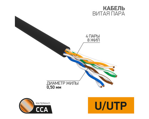 Кабель витая пара омедненный, U/UTP, CCA, CAT 5e, PE, 4PR, 24AWG, OUTDOOR, SOLID, черный, 305м PROco