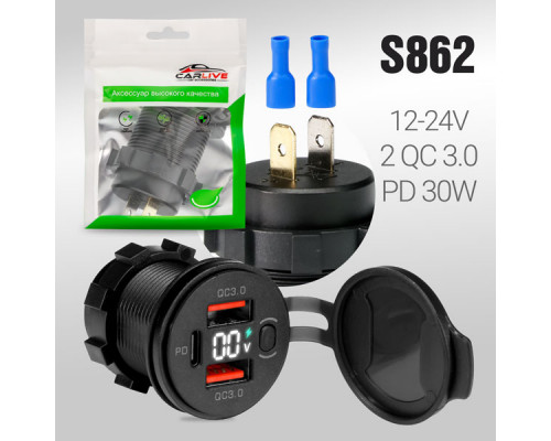 Разъем USB в авто (врезные) 12V-24V AC04  PD30W + 2 QC3.0 + (вкл/выкл) + Вольтметр